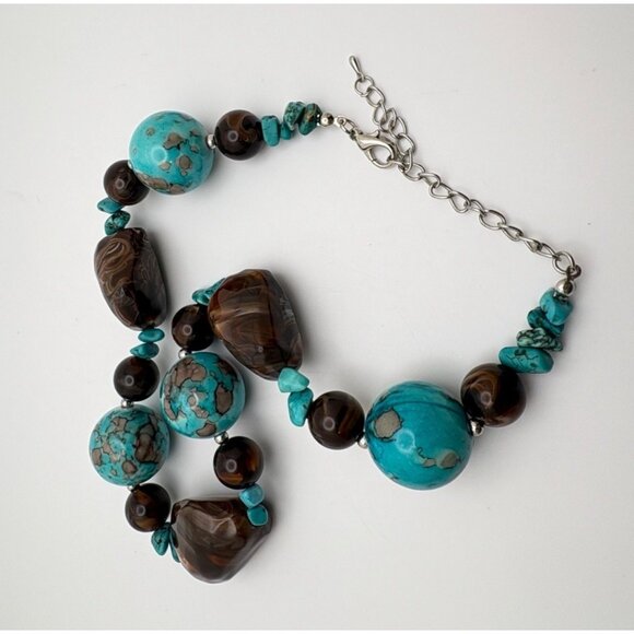 Vintage Chunky Beaded Necklace Faux Turquoise & Brown Earth Tone Boho Statement - Picture 3 of 8